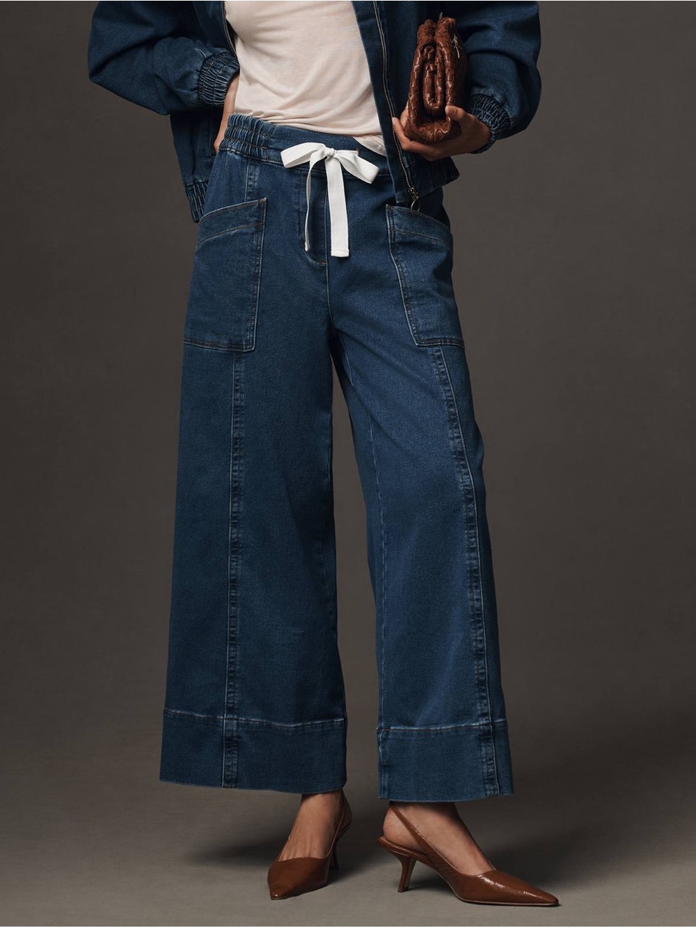 Anthropologie Maeve Dark Blue Tie Bow Waist‎ Wide-Leg Crop Drawstring Jeans Sz S